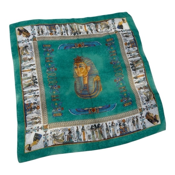 EGYPT Souvenir Silky Scarf Gorgeous Turquoise& Yellow Tutankhamun 34” Square - Picture 8 of 10